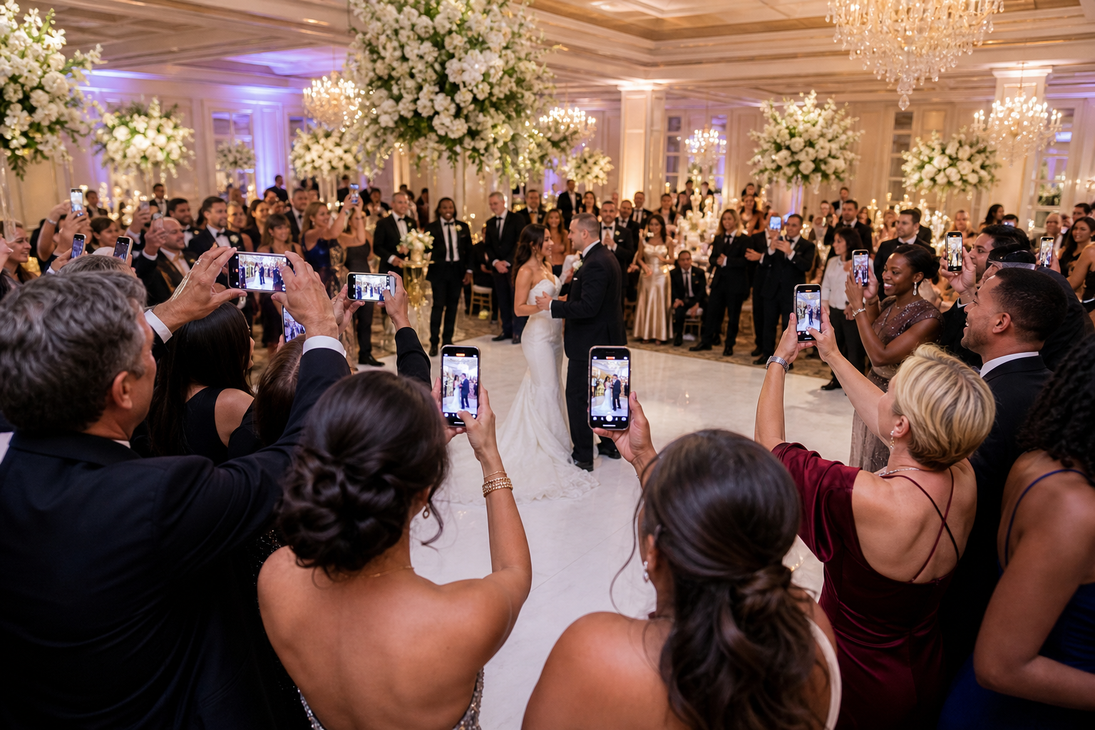 Wedding guests using phones to capture event photos
